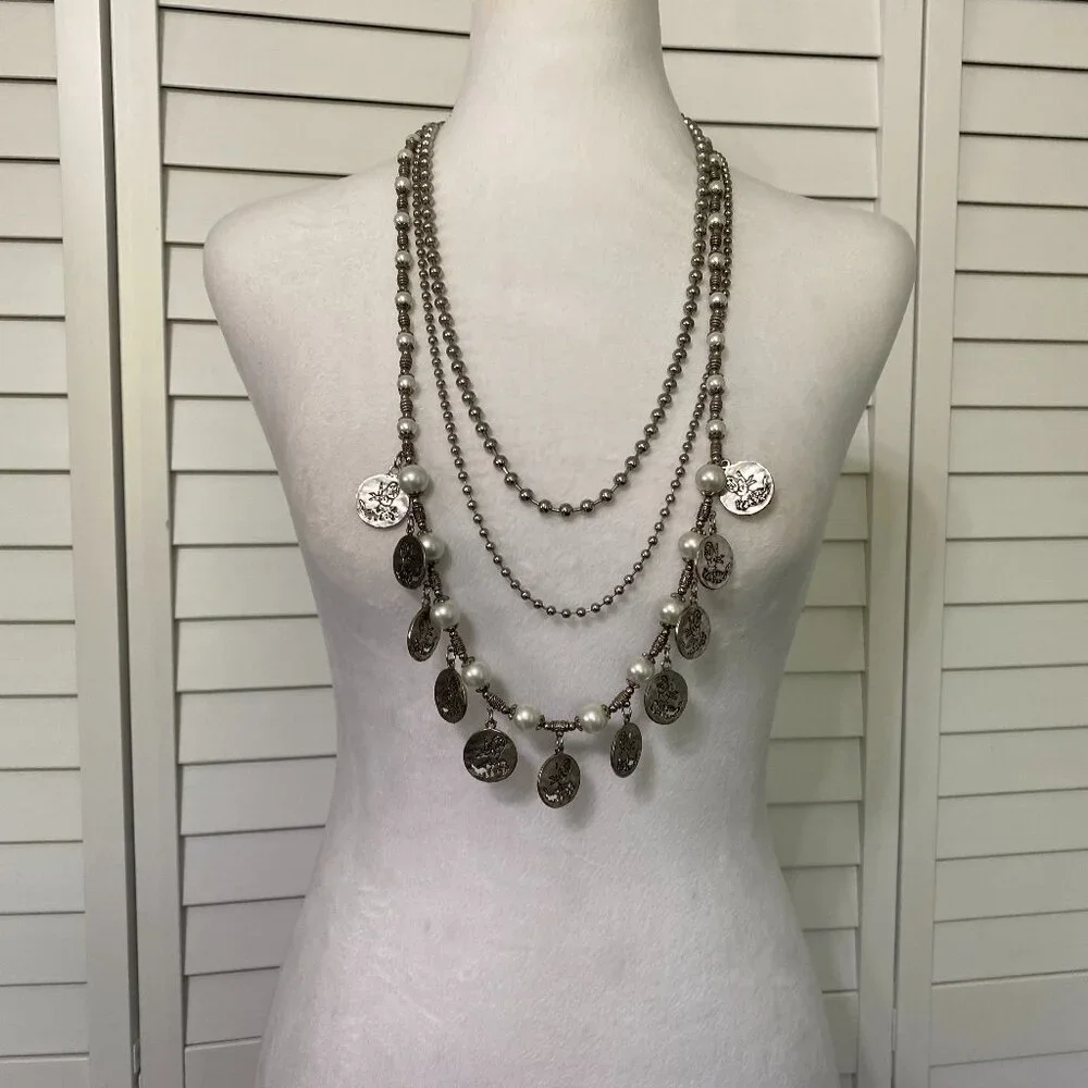 Vintage 70s Statement Necklace with Silver Toned & Faux Pearl Beads 34" #391 - Picture 1 of 5